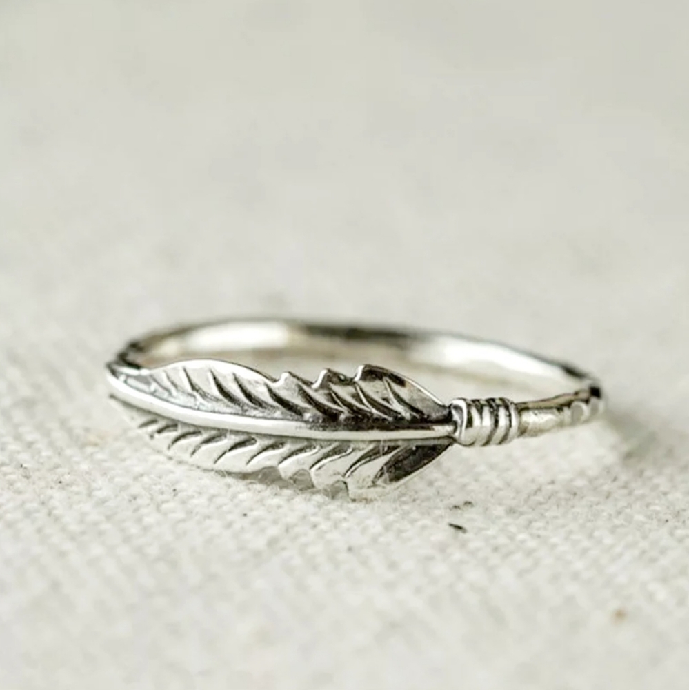 Silver Leaf Feather Boho Ring